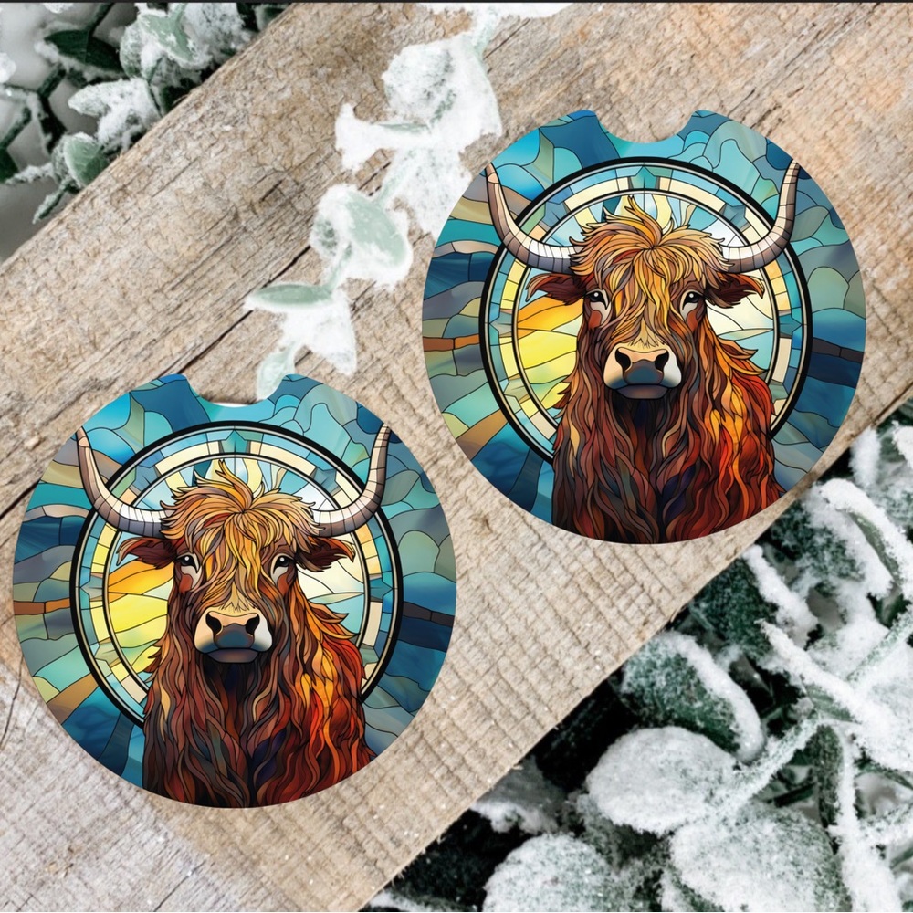 Handmade Car Coasters Highland Cow | New Set Of Two Car Coasters